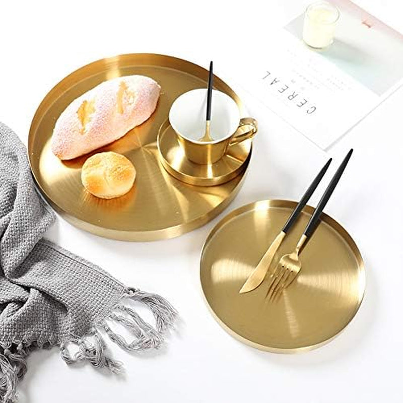 Round Gold Tray Stainless Steel Jewelry, Make Up, Candle Plate Decorative Tray (7 Inches)