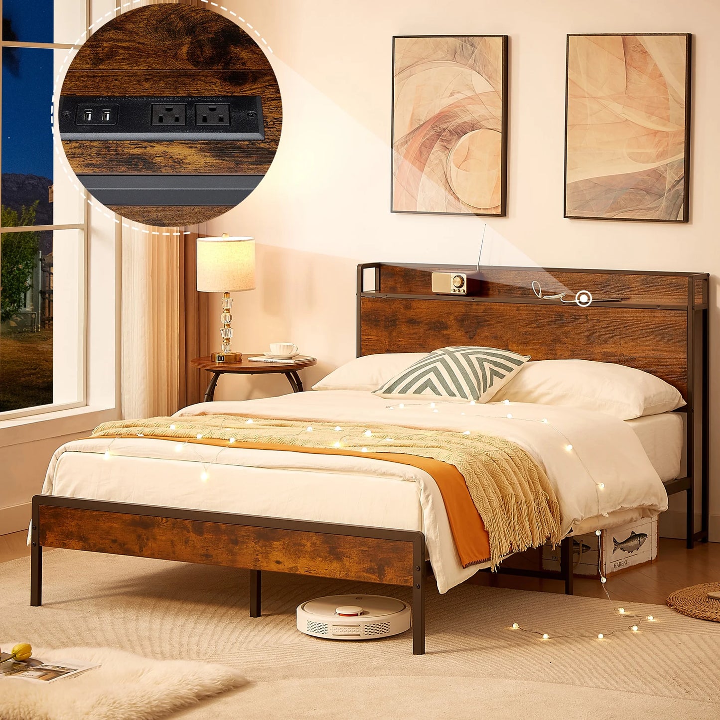 Full Size Bed Frame with Storage Headboard, Metal Bed Frame with Plug Outlets, USB, Brown