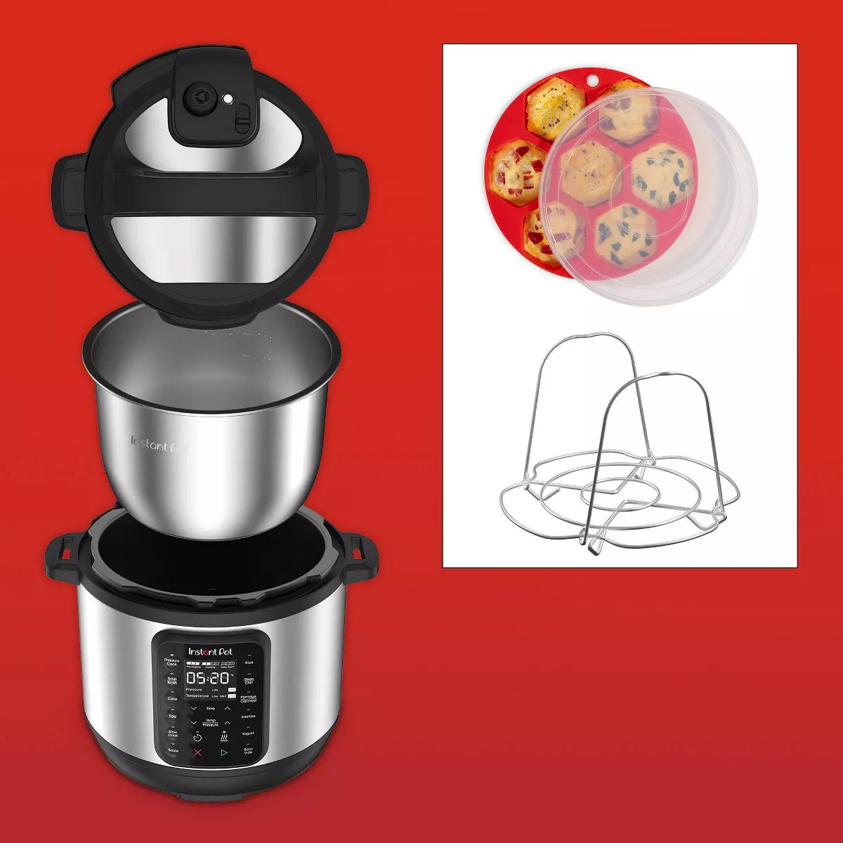 Instant Pot 6Qt 9-In-1 Pressure Cooker Bundle: Exclusive Bonus Silicone Pan with Lid, Rice & Multi Cooker, Stainless Steel