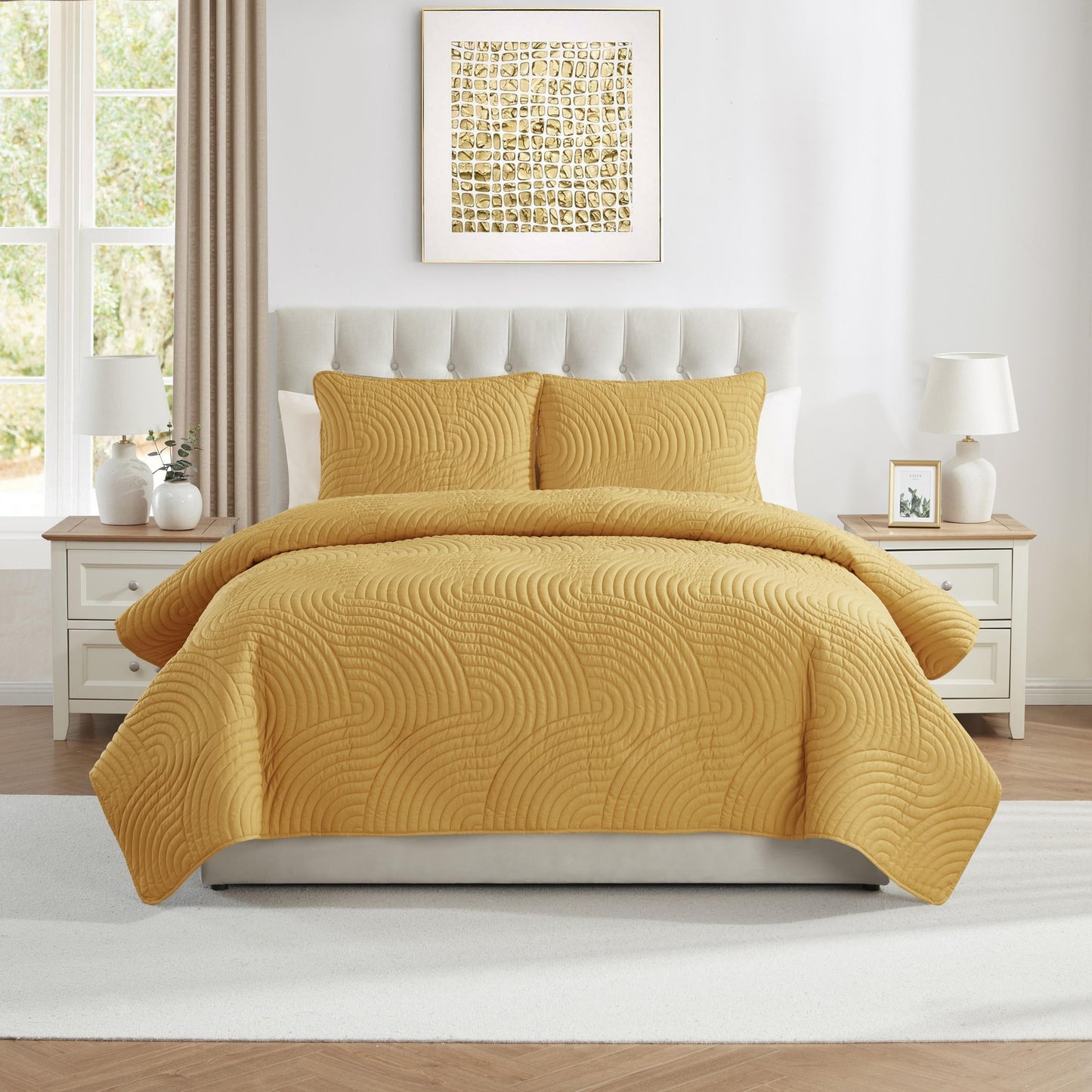 Sands 3-Piece Gold Textured Curve Striped Pinsonic Quilt Set, King, Adult, Unisex