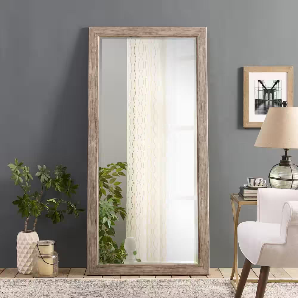 Rustic Floor Mirror, Framed Full Length Mirror Farmhouse Floor Mirror Faux Wood Hanging Wall Mirror 66" X 32", Natural