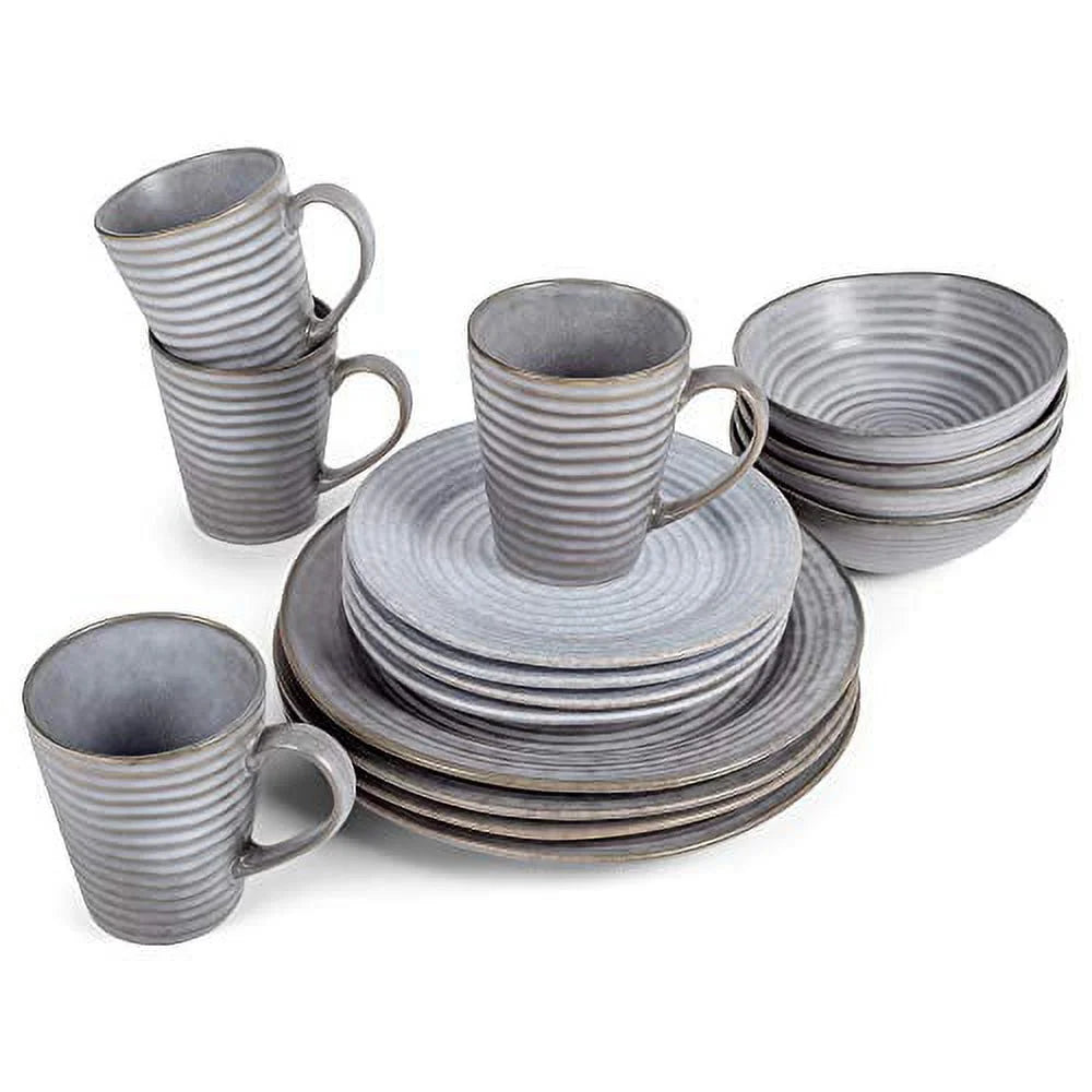 Modern Chic Ribbed Ceramic Stoneware Dinnerware 16 Piece Set - Service for 4, Slate Grey