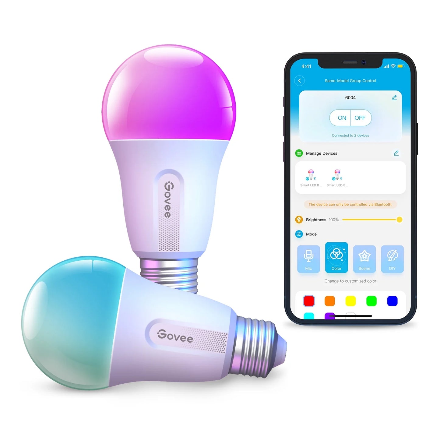 Smart LED Bulbs A19 800LM, 9W RGBWW Color-Changing Light Bulbs, E26 Base, 2-Pack, Wifi + Bluetooth