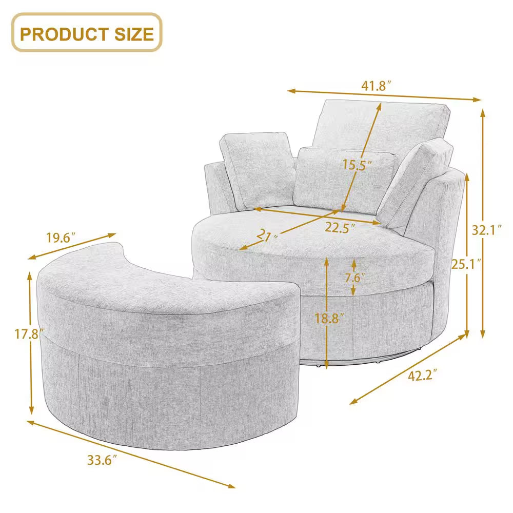 Beige Chenille Upholstered Swivel Accent Barrel Chair with Storage Ottoman and Pillows (Set of 1)