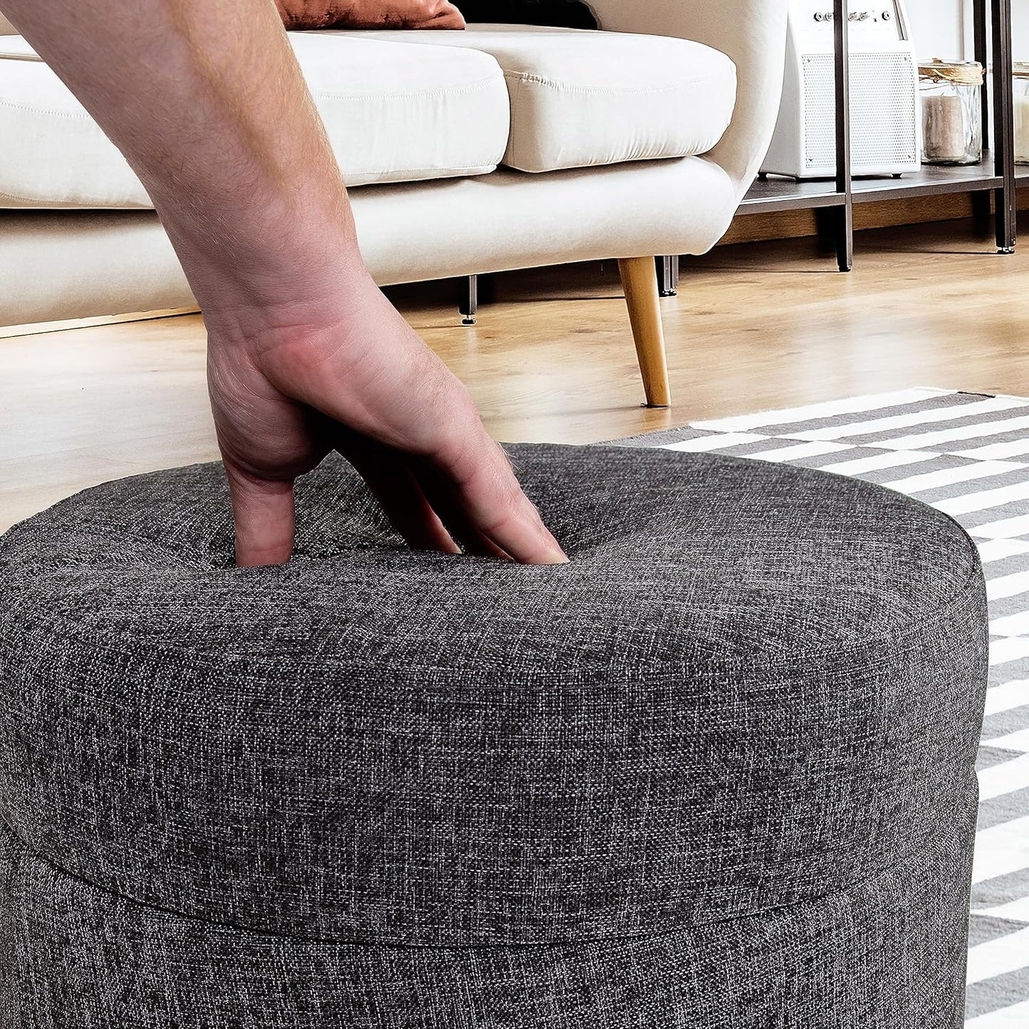 Cushioned Fabric Ottoman Hidden Storage Chest Footrest Chair, Padded Seat for Bedroom, Dorm, Loft, Living Room, Entryway, Hallway, Modern Gray, 15.6" Wobble
