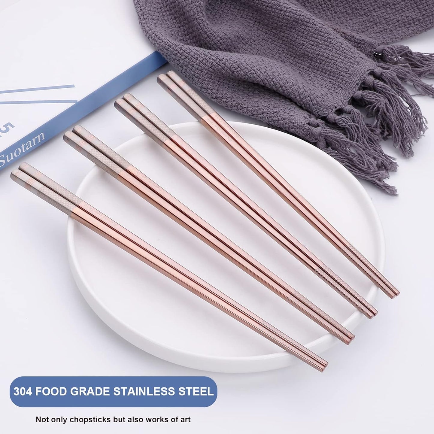 5 Pairs Reusable 18/10 Stainless Steel Metal Chopsticks Dishwasher Safe, Square Lightweight Non-Slip 9.25 Inches Chop Sticks for Ramen, Sushi, Bento Box, Gift Set, Rose Gold