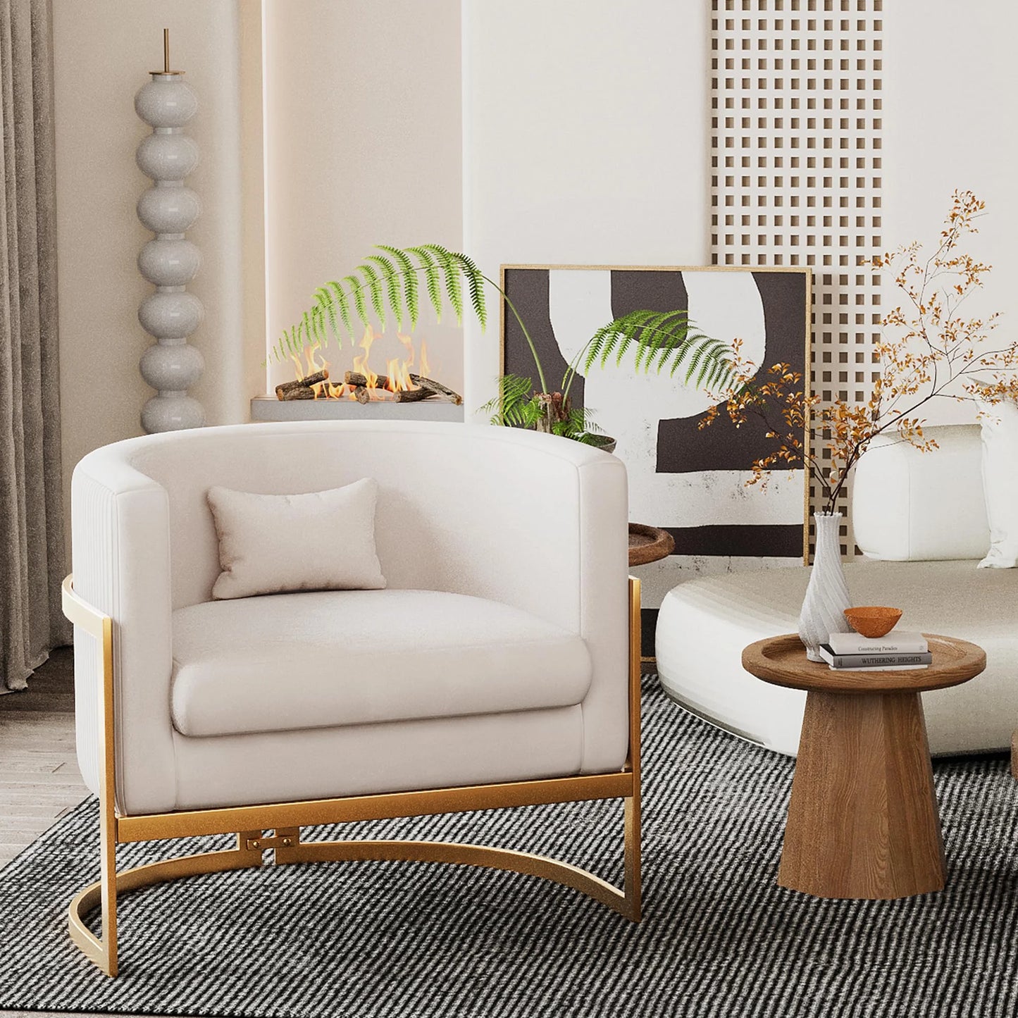 Modern Velvet Solid Print Accent Chair, Ivory