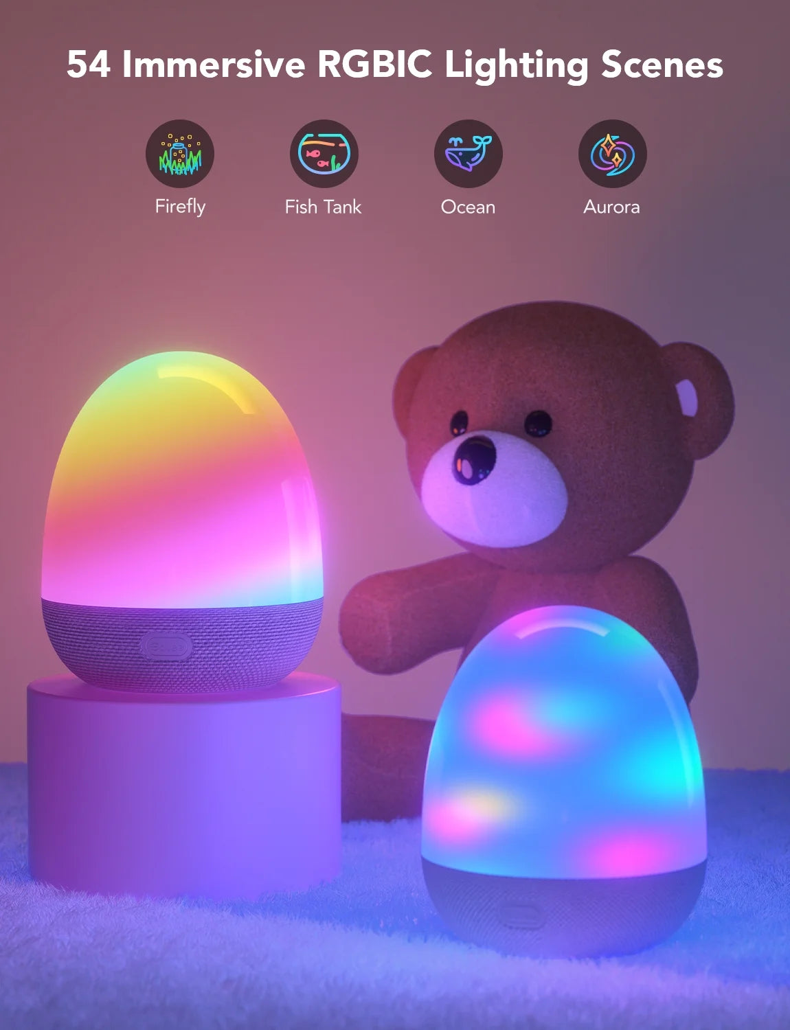 RGBIC Smart Night Light, Color-Changing LED, Wifi + Bluetooth Control, Adjustable Brightness, Bedside Lamp, Voice & App Control