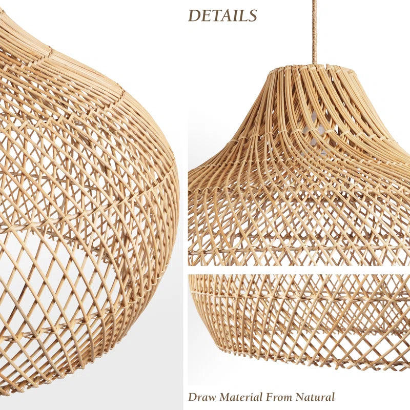 Anjanie 1 - Light Natural Lampshade Pendant – Handwoven Rattan Plug-In or Hardwired Light Fixture for Dining Room, Kitchen, or Bedroom in Japandi Boho Style