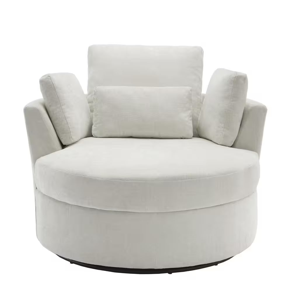 Beige Chenille Upholstered Swivel Accent Barrel Chair with Storage Ottoman and Pillows (Set of 1)