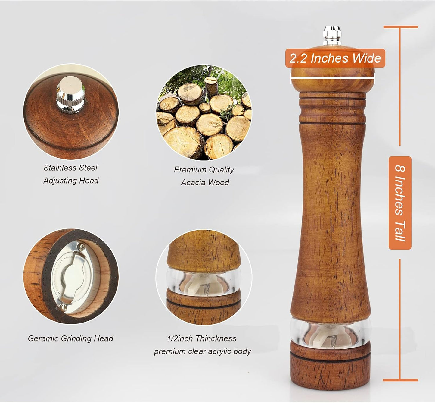 Pepper Grinder, Wood Salt and Pepper Mills Set, Classic Manual Spice Grinder Refillable Salt Mill Sets with Acrylic Visible Window Adjustable Ceramic Grinding Rotor 8 Inch 2 Pack