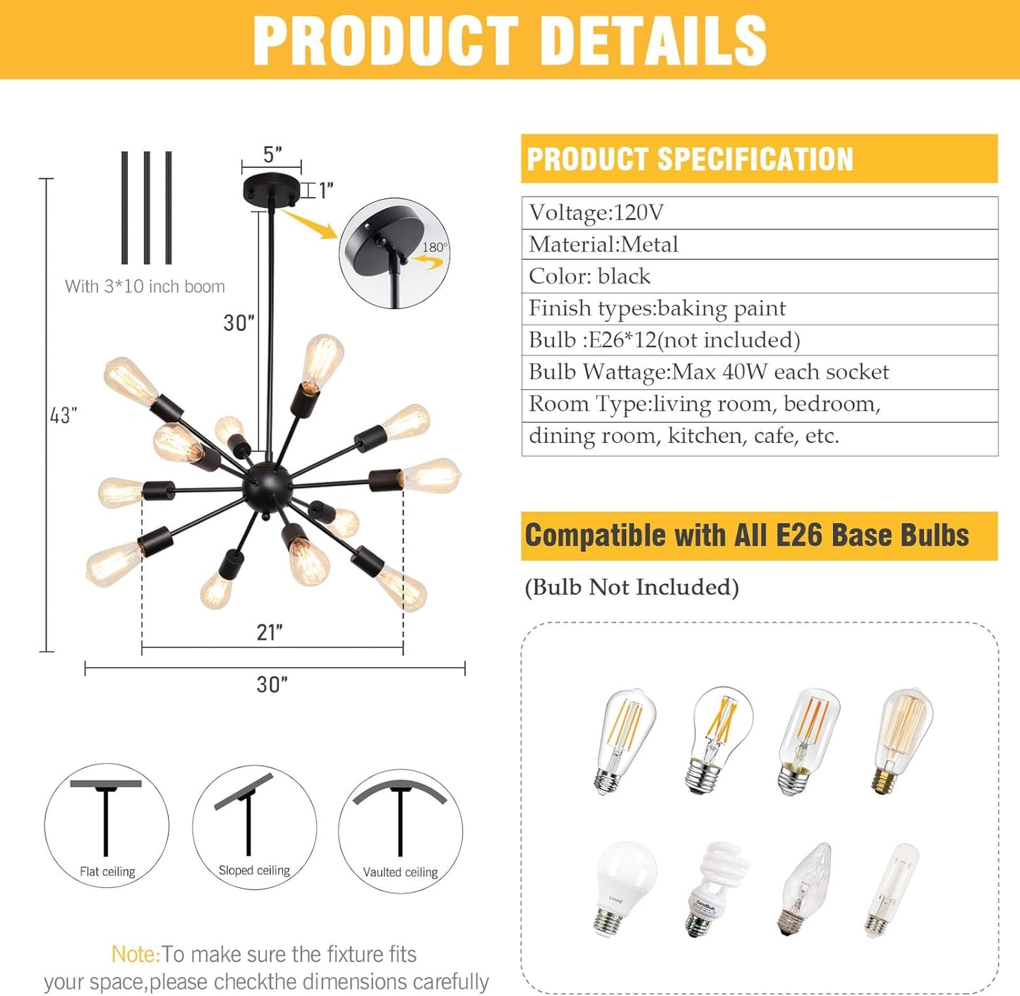 Sputnik Chandeliers Black, Modern 12-Light Farmhouse Pendant Light Mid Century Lighting Vintage Industrial Ceiling Hanging for Living Dining Room, Bedroom, Kitchen Island, Foyer