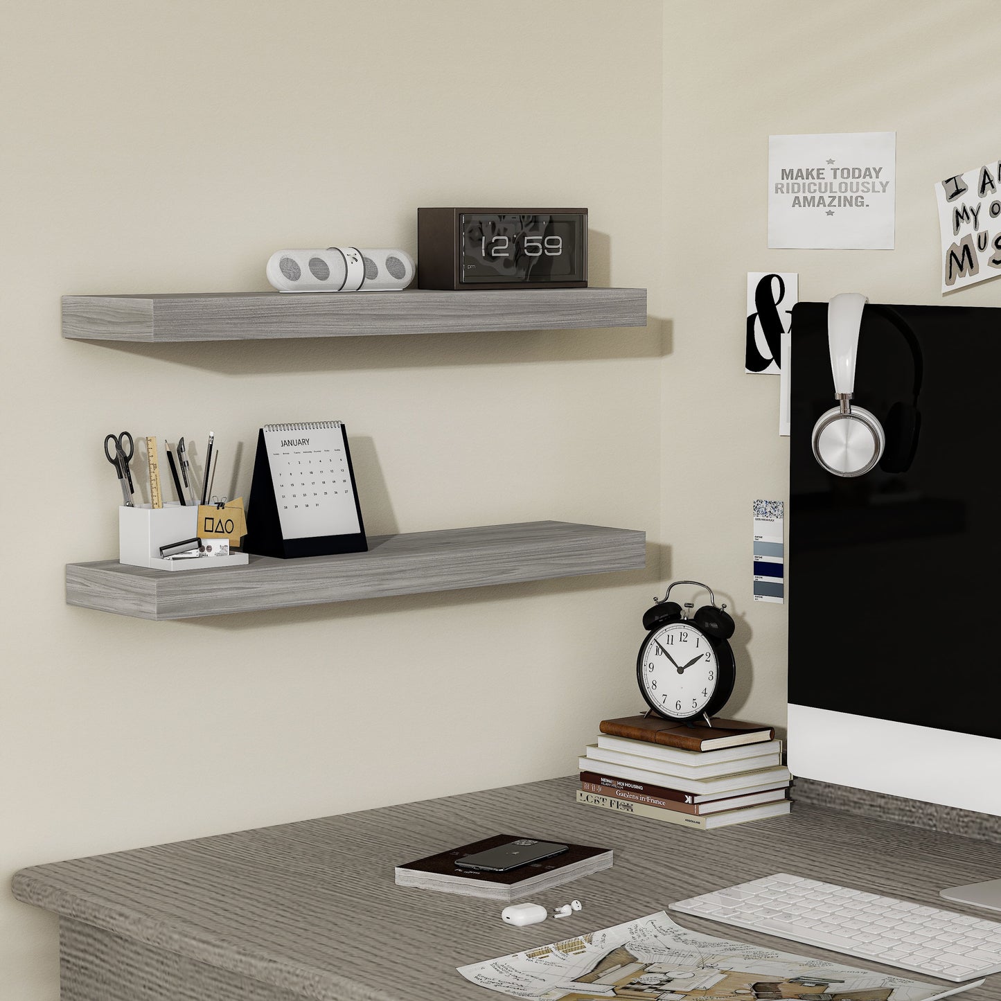 24X6 Walnut Gray Floating Shelves for Wall, Wood Hanging Shelves up to 20Lbs for Bedroom, Bathroom, Kitchen(Set of 2)