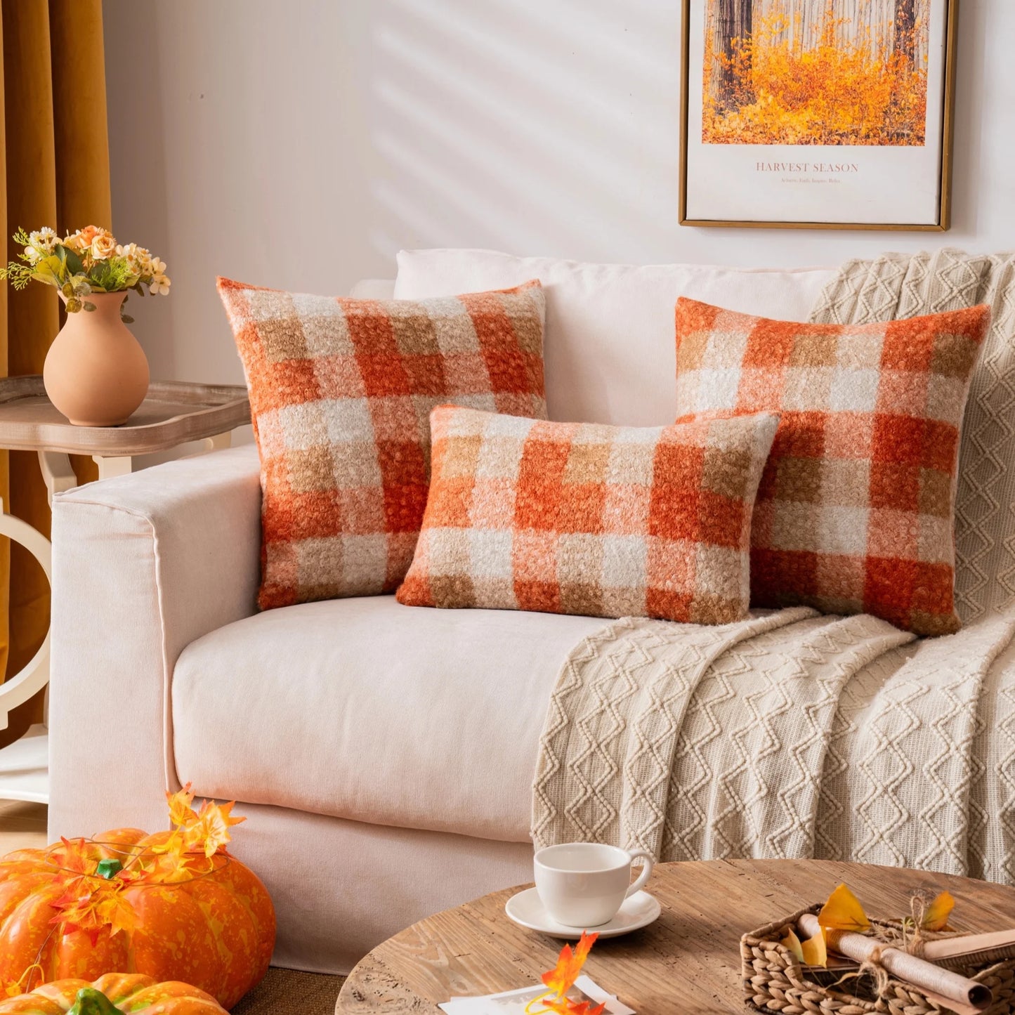 Orange Plaid Fall Throw Pillow Covers Set of 2, Boucle Decorative Pillow Covers,Cozy Fluffy Home Living Room Farmhouse Decor for Sofa Couch Bed