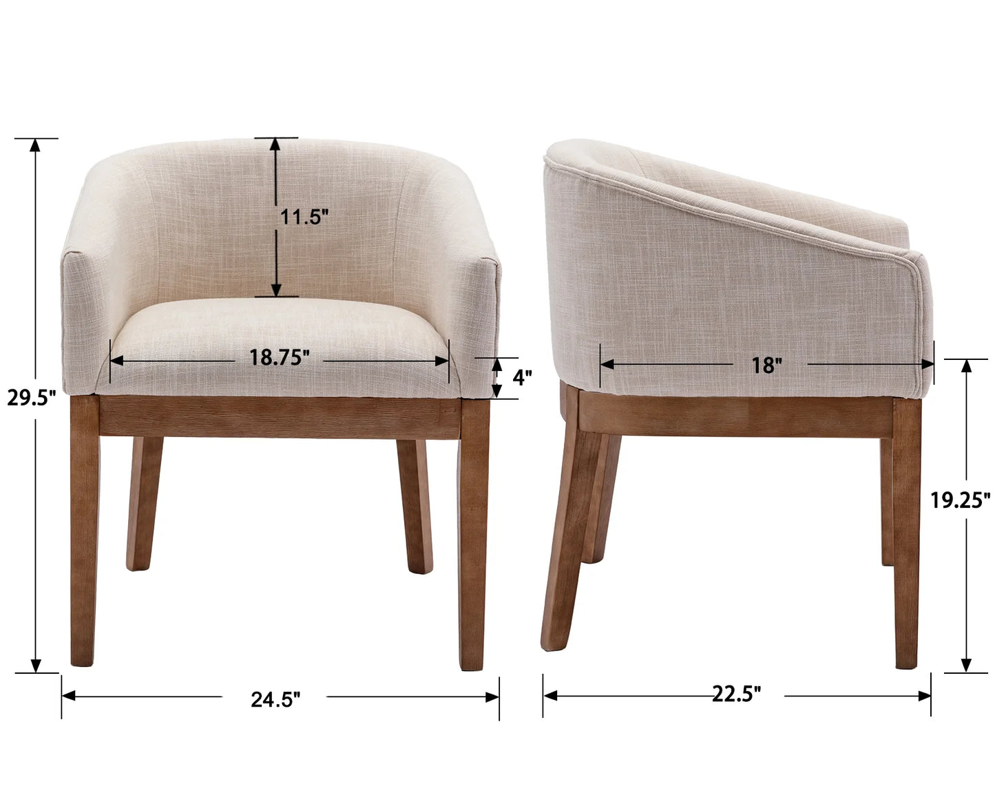 Modern Upholstered Dining Chairs Set of 2, Farmhouse Linen Kitchen & Dining Room Chairs with Armrests, 18" W Wooden Barrel Accent Chair Armchair for Dining Room Living Room Bedroom, Beige