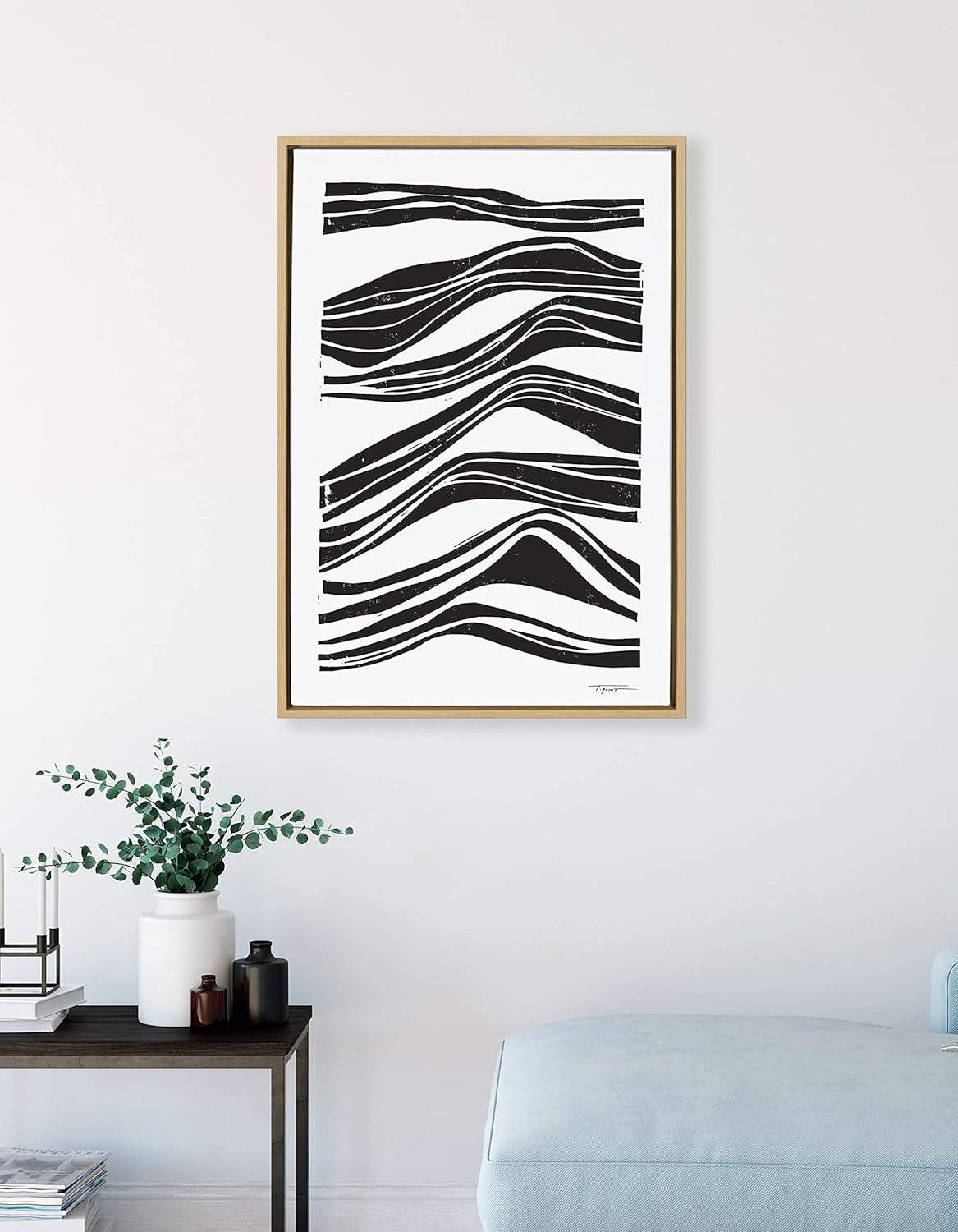 Sylvie Ocean Abstract Waves Framed Canvas Wall Art by Statement Goods, 23X33 Natural, Modern Minimalist Black Line Art Wall Décor