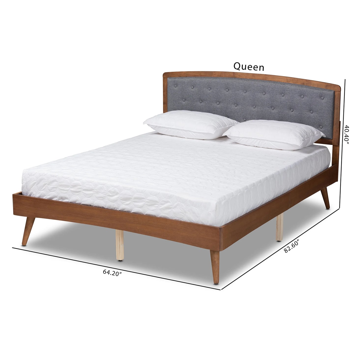 Ratana Mid-Century Modern Transitional Grey Fabric Upholstered and Walnut Brown Finished Wood, Full Size Platform Bed