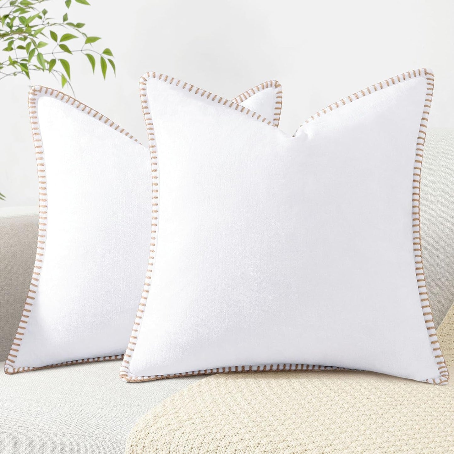 Chenille Soft Throw Pillow Covers 26X26 Set of 2, Farmhouse Velvet Neutral Decorative Euro Pillow Covers with Stitched Edge for Couch Sofa Bed Home Decor, White