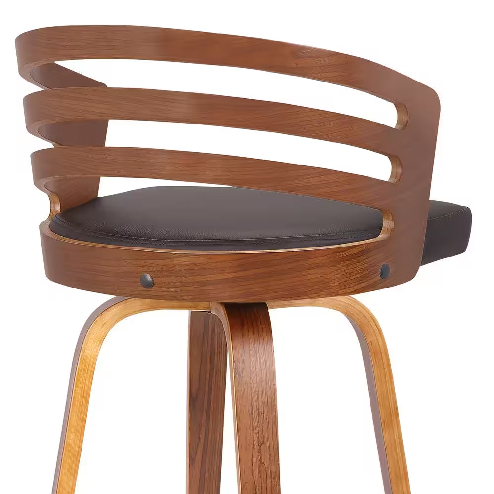 Jayden 26 In. Brown Faux Leather with Walnut Veneer Mid-Century Swivel Counter Height Bar Stool