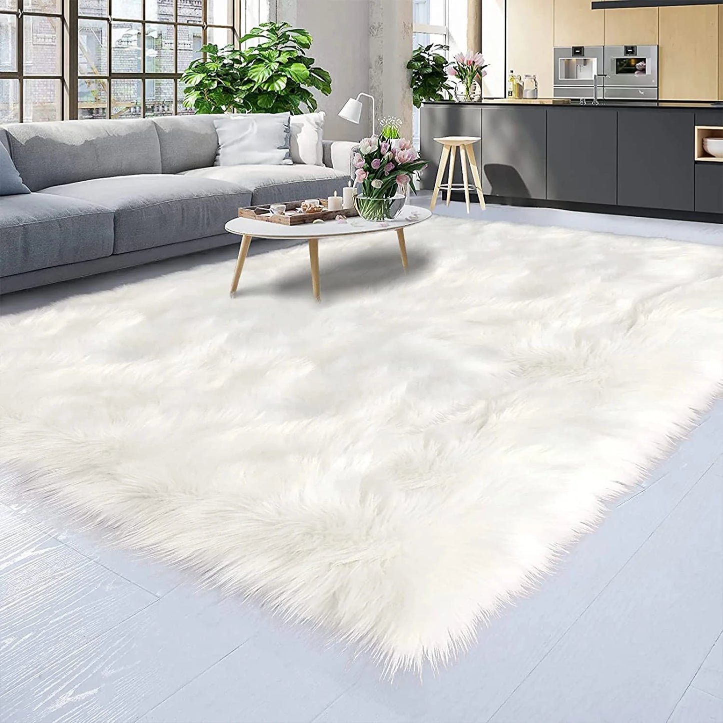Sheepskin Rug 4X6, Faux Fur Sheepskin Rug for Living Room, Fluffy Washable Rug for Bedroom, Nursery Room, Luxury Room Decor, White Fur Rug, Rectangle