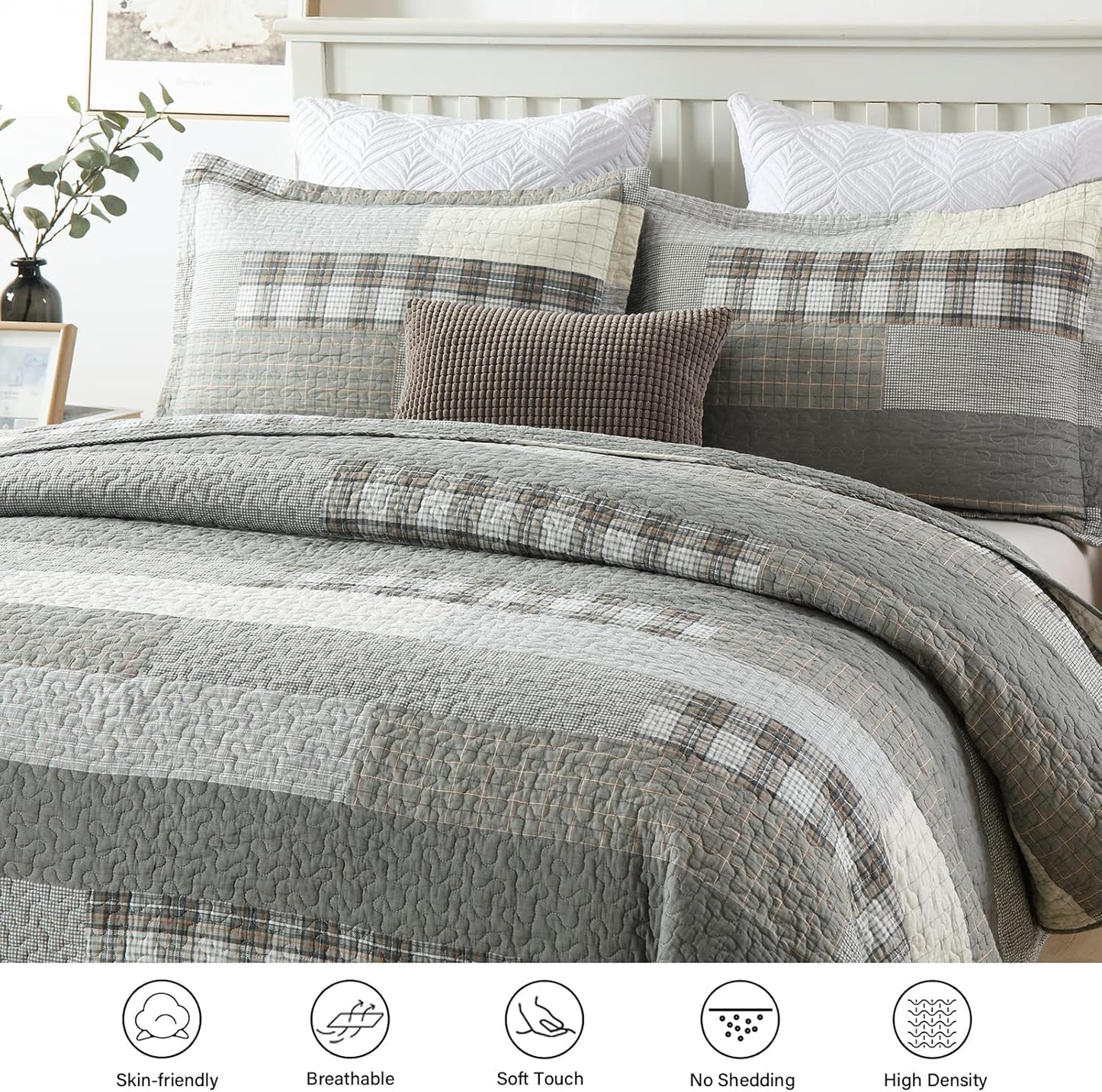 Quilt King Size - 100% Cotton Grey King Quilt Farmhouse Plaid Quilted Bedspread, 3 Pieces Lightweight Reversible King Size Quilt Bedding Set for All Season