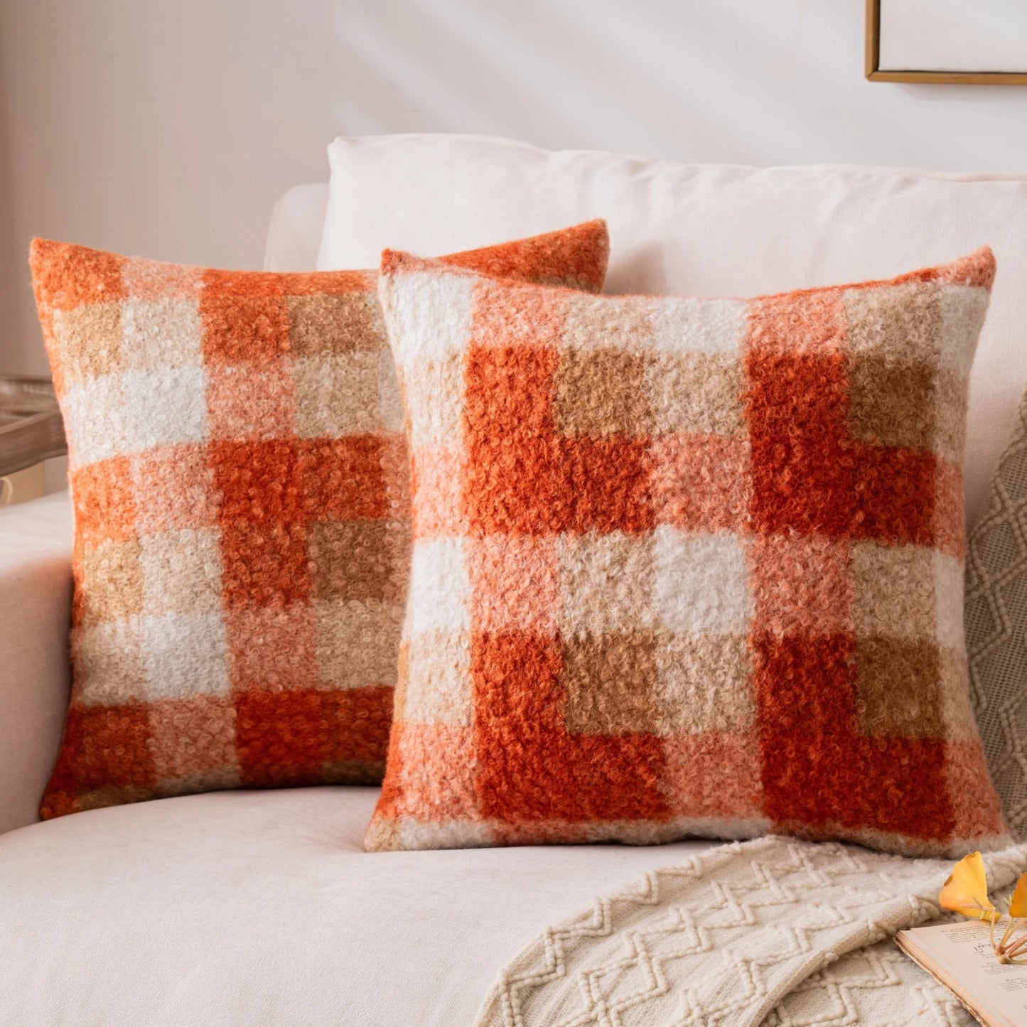 Orange Plaid Fall Throw Pillow Covers Set of 2, Boucle Decorative Pillow Covers,Cozy Fluffy Home Living Room Farmhouse Decor for Sofa Couch Bed