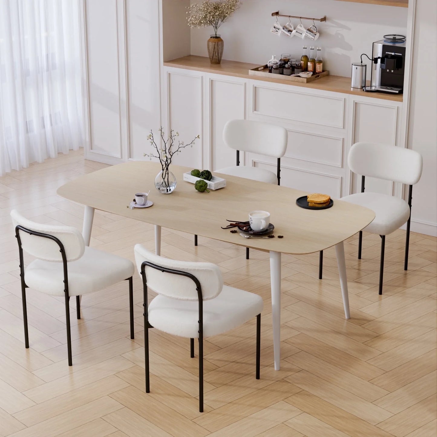 Boucle Dining Chairs Set of 4 Modern Upholstered Kitchen Dining Room Chairs with Backrest & Metal Legs Accent Side Chairs White for Dining Kitchen Living Room Bedroom