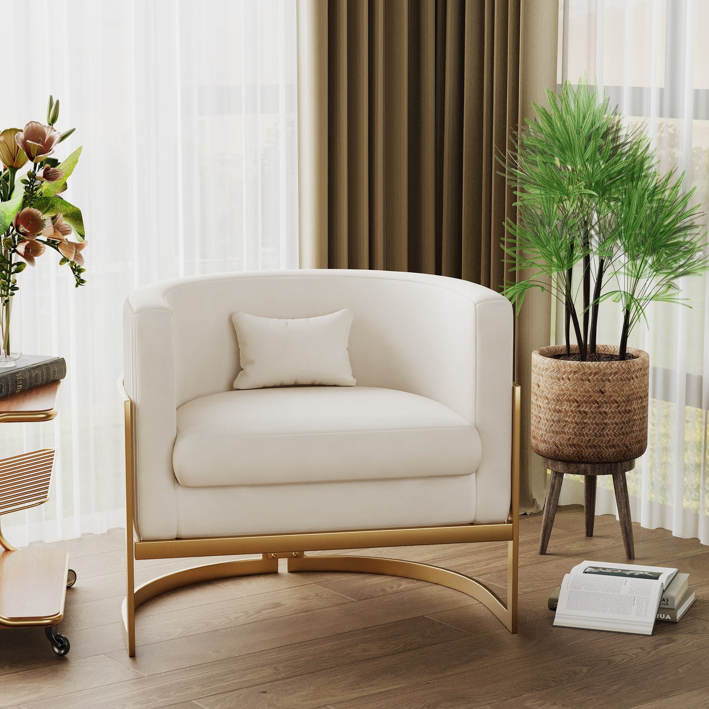 Modern Velvet Solid Print Accent Chair, Ivory