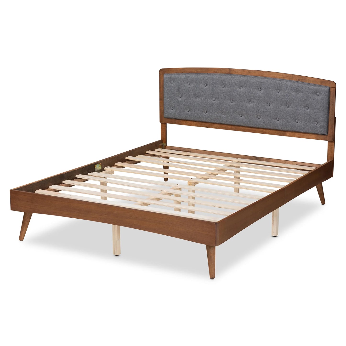Ratana Mid-Century Modern Transitional Grey Fabric Upholstered and Walnut Brown Finished Wood, Full Size Platform Bed