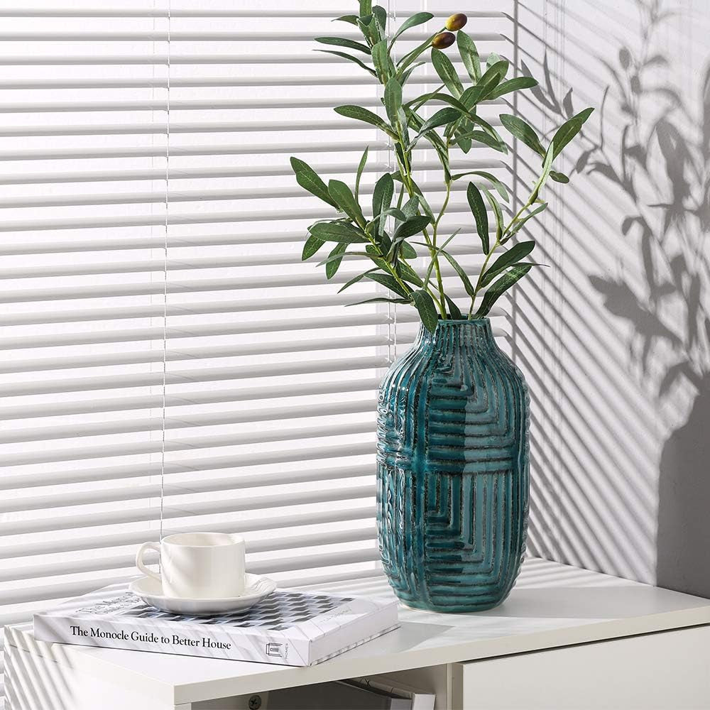 Ceramic Vase- Teal Vase for Home Decor,Flower Vase for Centerpieces, Modern Decor Vases for Living Room/Bookshelf/Mantel/Home Decor Accents - Teal Texture-Large-10.6" H