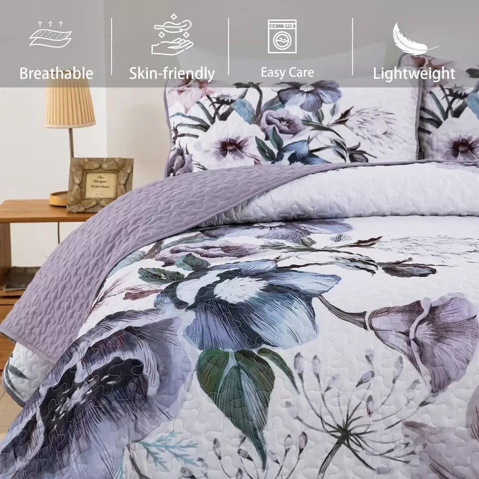 Floral Quilt Set Queen 3 Pieces Boho Purple Quilt Coverlet Set Soft Microfiber L