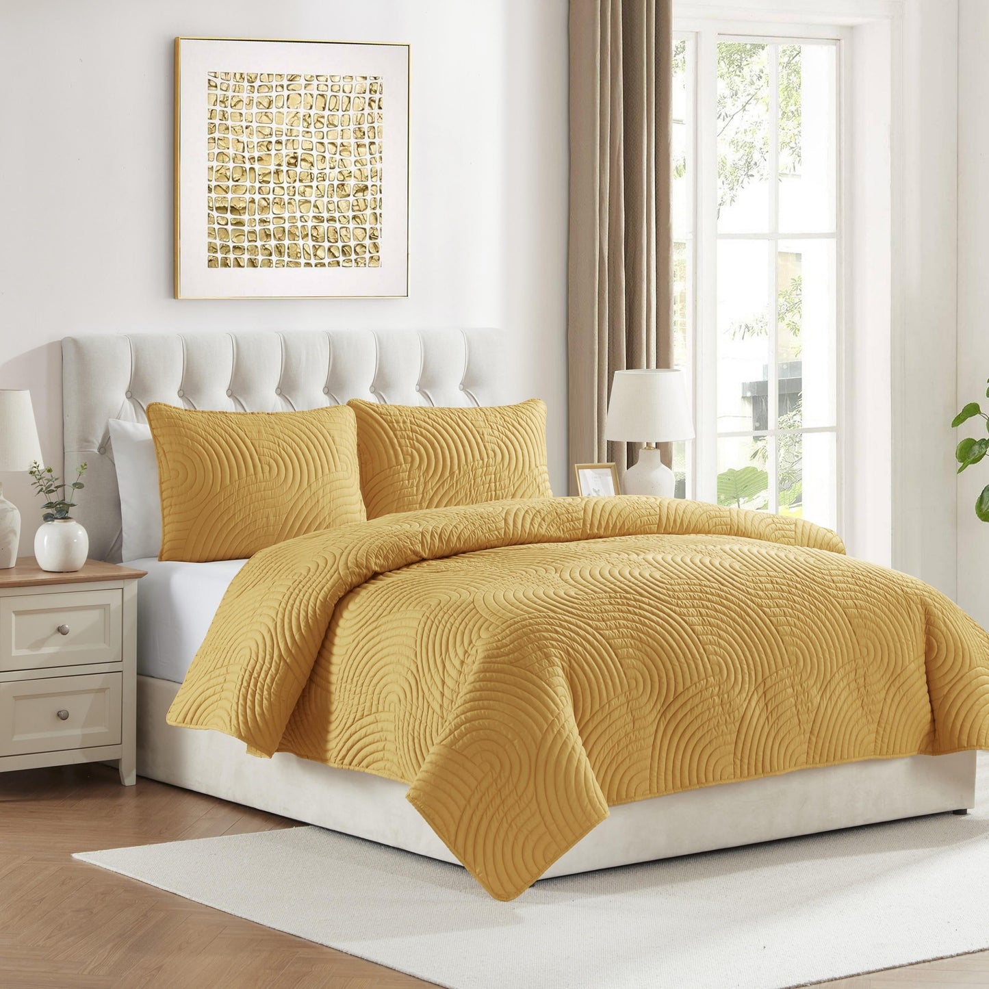Sands 3-Piece Gold Textured Curve Striped Pinsonic Quilt Set, King, Adult, Unisex