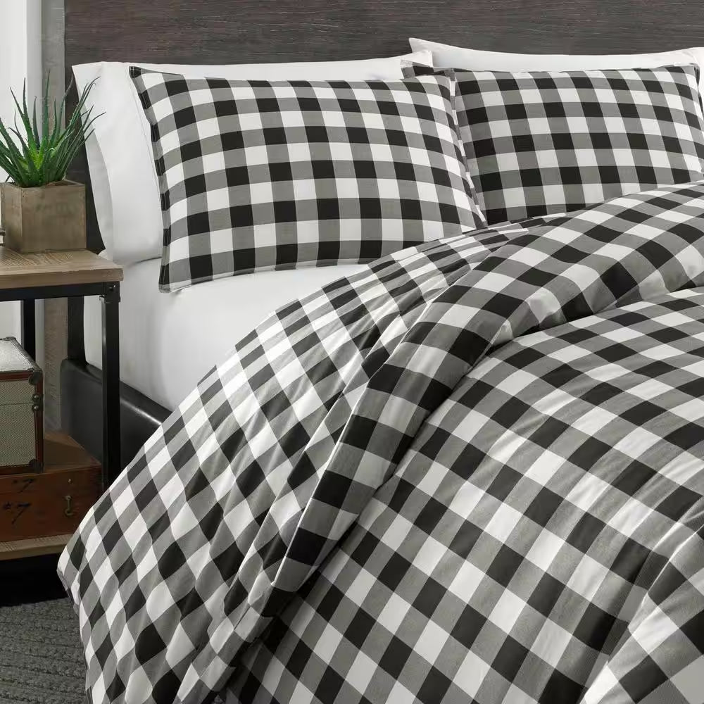 Mountain Plaid 3-Piece Black Cotton Full/Queen Duvet Cover Set