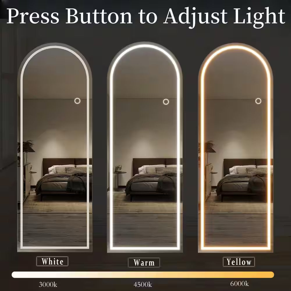 20 In. W X 63 In. H LED Light Arched White Aluminum Alloy Framed Rounded Full Length Mirror Floor Mirror