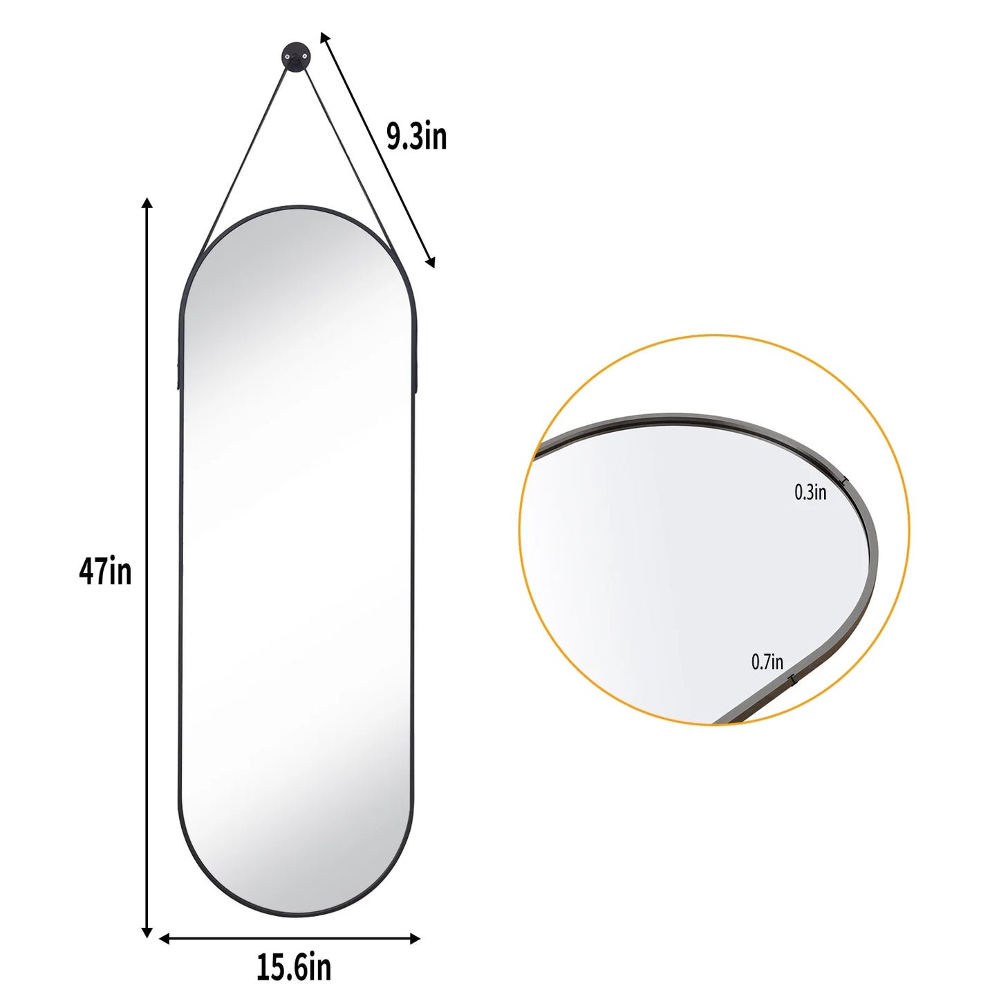 48" X 16" Full Length Mirror Oval Hanging Wall Mirror with Leather Strap,Black