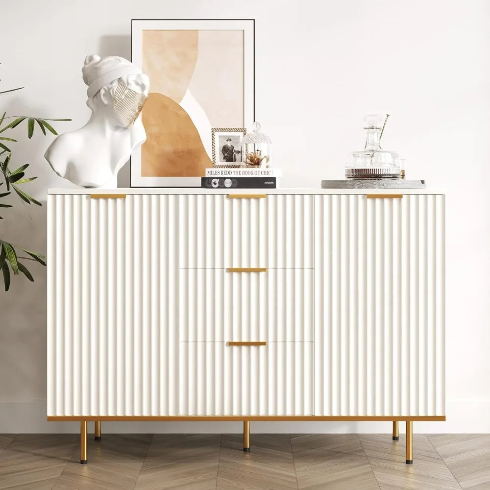 Modern Sideboard Cabinet with Fluted Doors, Gold Legs and Handle - Buffets & Sideboards for Elegant Living Spaces - 2-Door 3 Dra