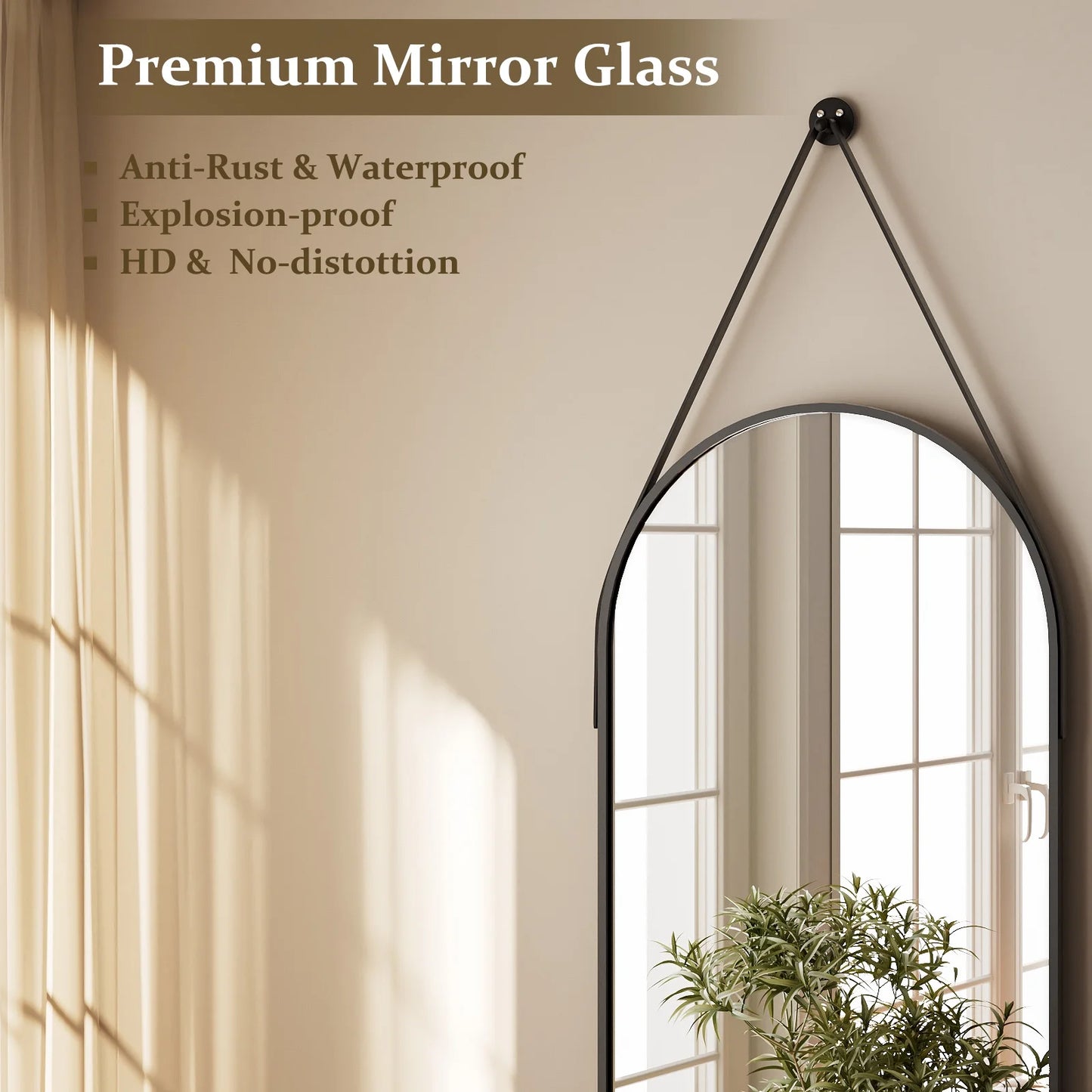 48" X 16" Full Length Mirror Oval Hanging Wall Mirror with Leather Strap,Black