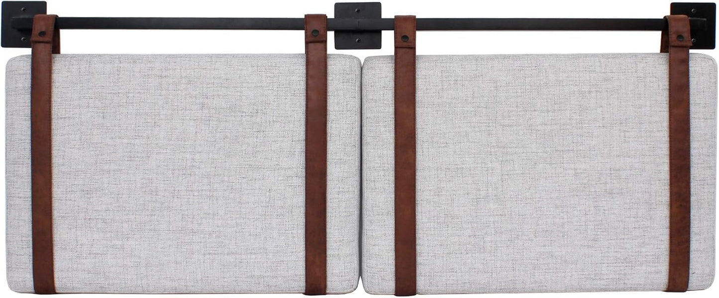 Harlow Modern Wall Mount Hanging Headboard, Queen, Gray with Brown Faux Leather Straps