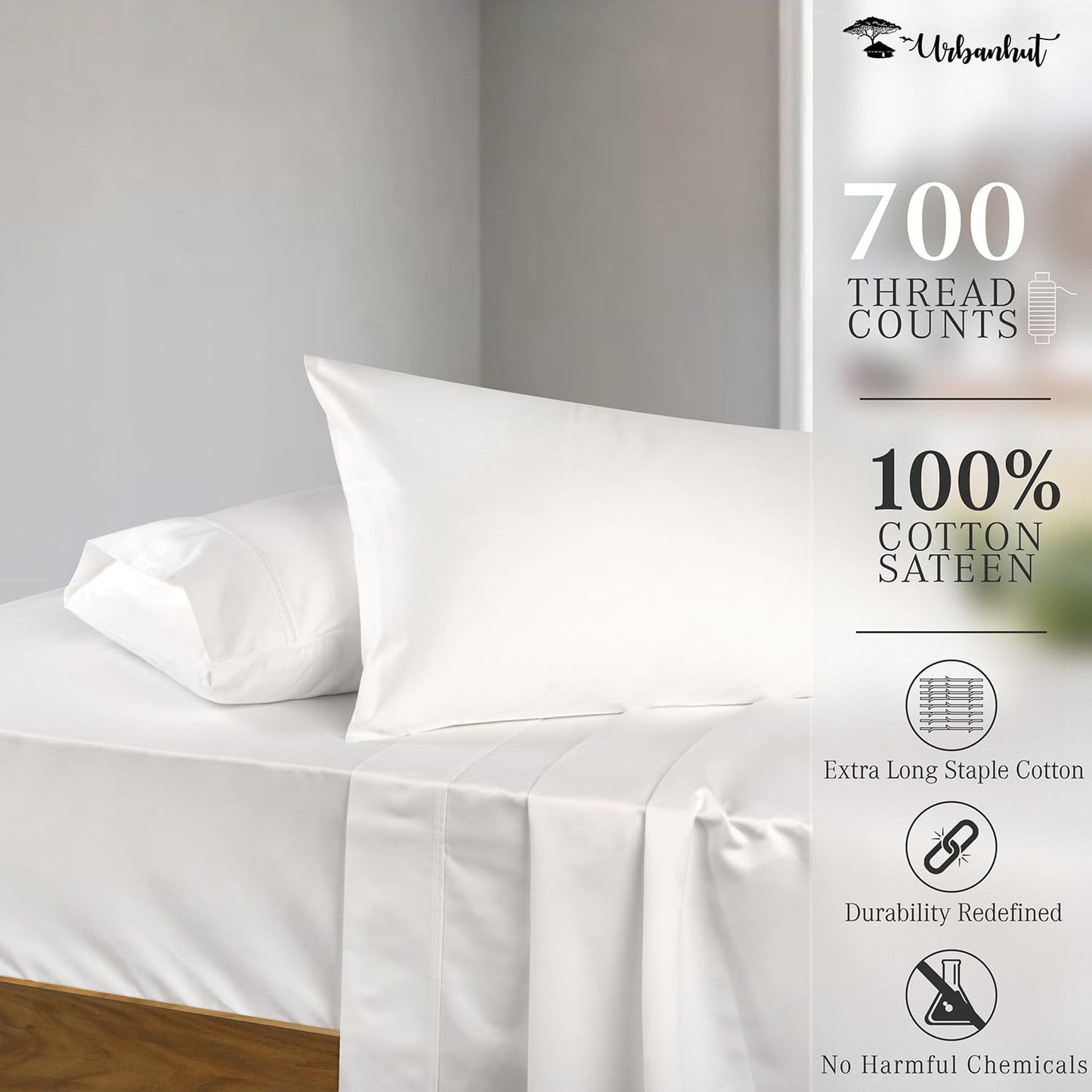 700 Thread Count Egyptian Cotton Sheets Full Size, 4Pc Sheet Set Soft Luxury Bed Sheets for Full Size Bed, Sateen Weave Hotel Sheets, 16'' Elasticized Deep Pocket - White