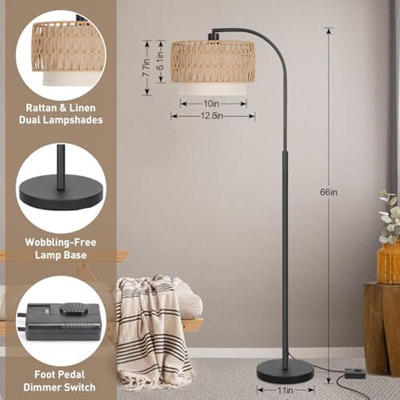 Arc Floor Lamp Black, Boho Floor Lamps for Living Room, Black with Rattan Shade