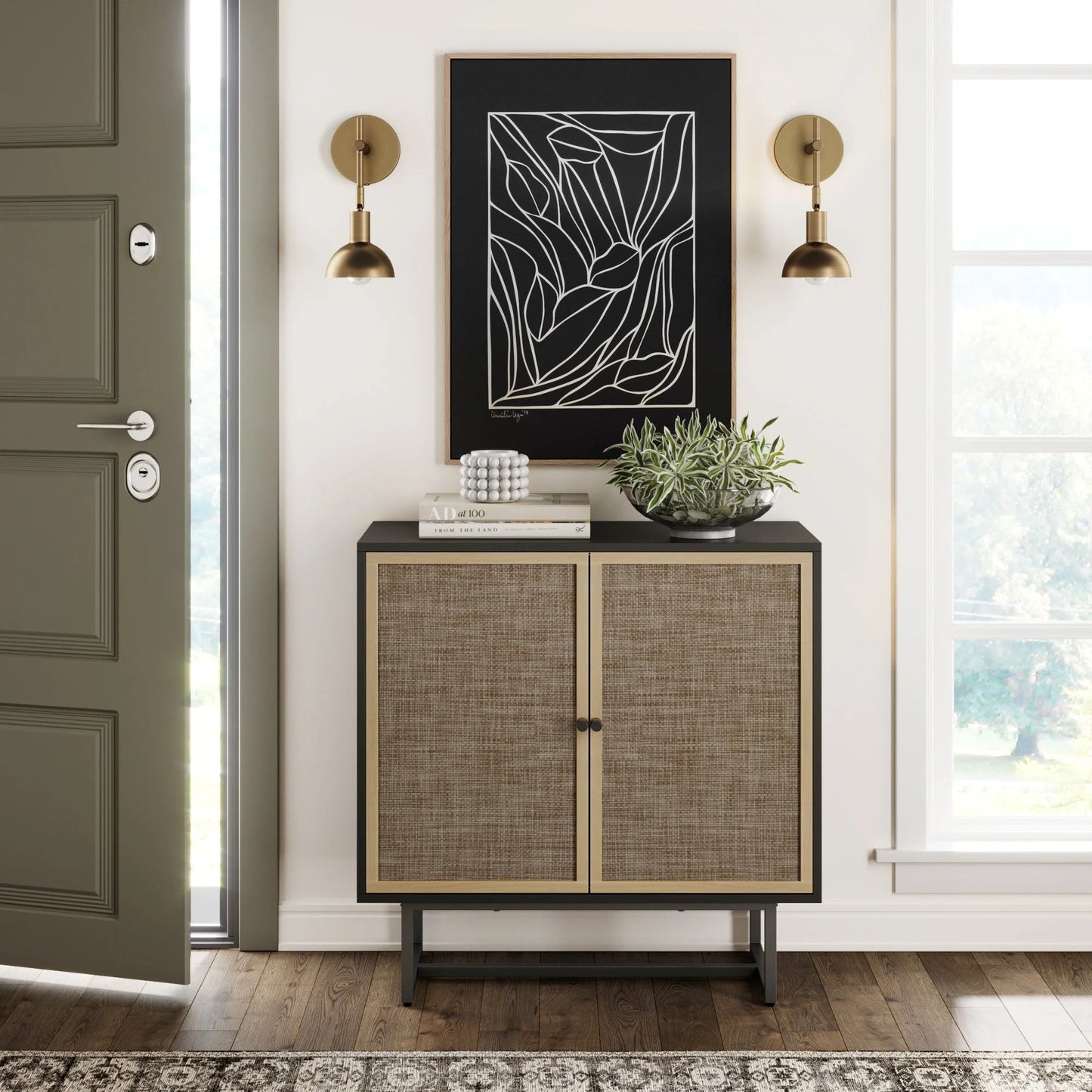 Kova Cane Rattan Doors Accent Cabinet with Black Metal Base and Adjustable Shelf