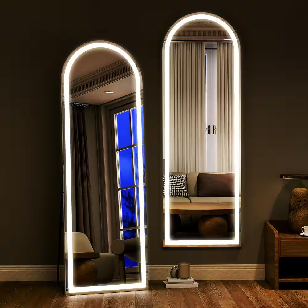 20 In. W X 63 In. H LED Light Arched White Aluminum Alloy Framed Rounded Full Length Mirror Floor Mirror