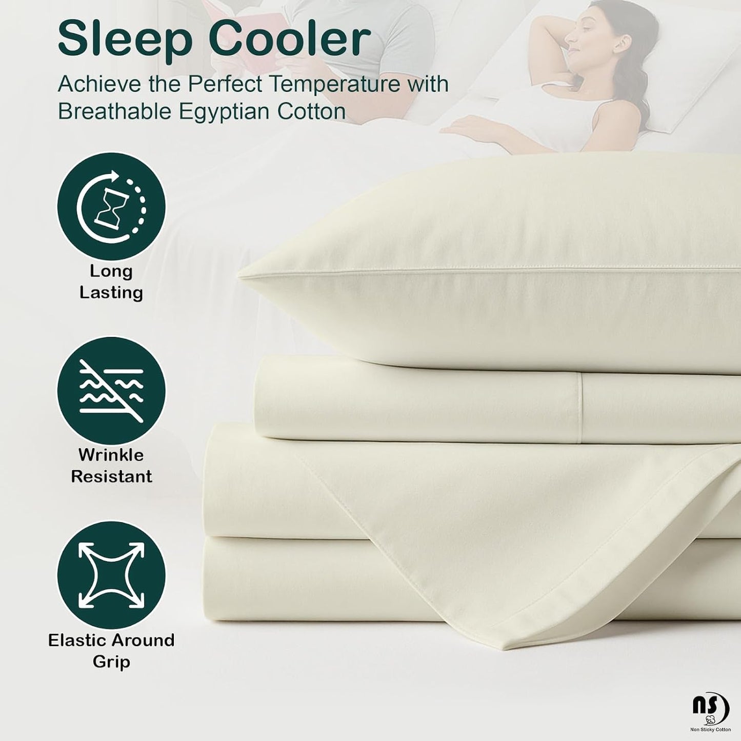 4 Piece Top Split King Sheet Set for Sleep Number Adjustable Bed, 100% Egyptian Cotton Bed Sheets, 34" Flex Head, Fits 18" Deep Mattress, 78" X 80", Ivory Solid