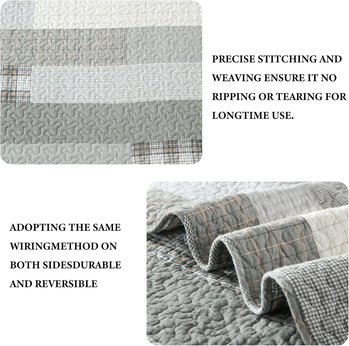 Quilt King Size - 100% Cotton Grey King Quilt Farmhouse Plaid Quilted Bedspread, 3 Pieces Lightweight Reversible King Size Quilt Bedding Set for All Season