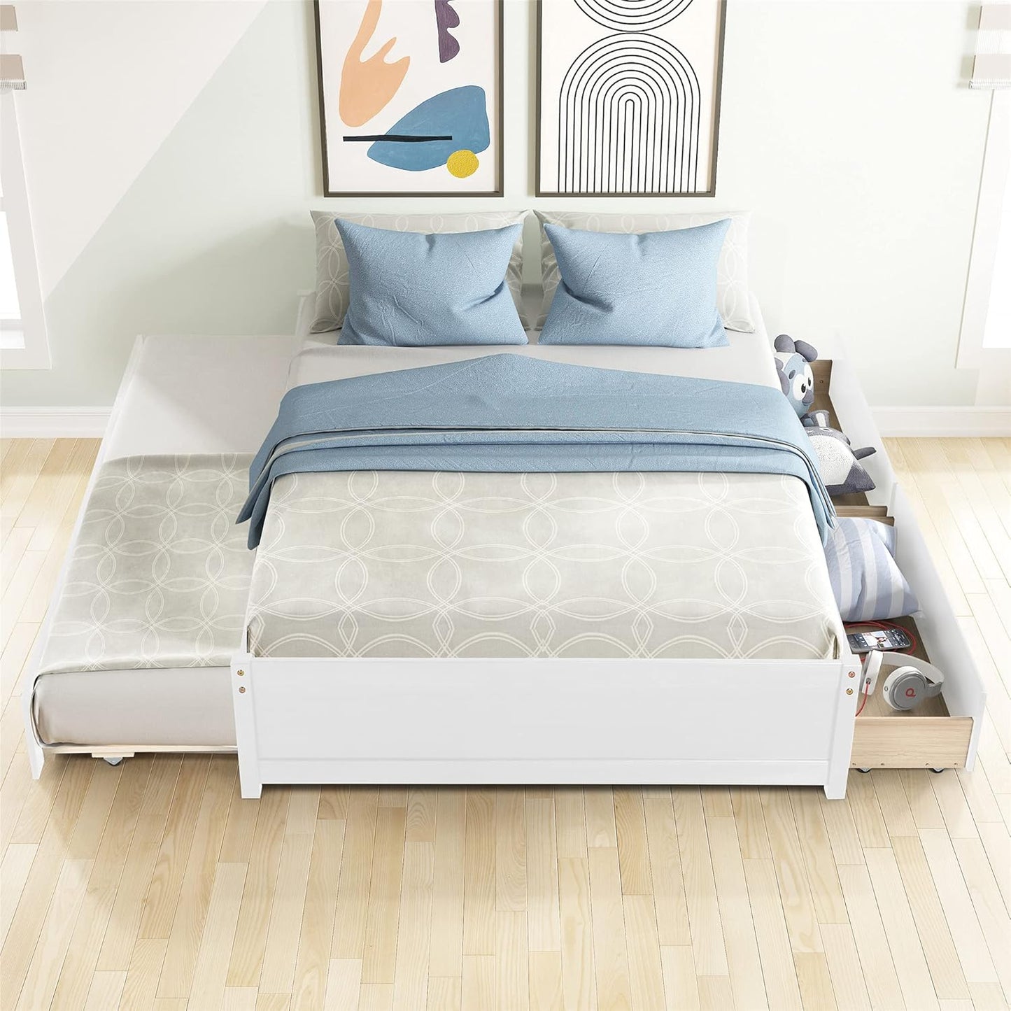 Full Bed Frame with Drawers and Trundle,Full Size Wood Platform Bed with Storage, Space Saving Full Captain Bed for Kids Teens or Adults, No Box Spring Needed,White