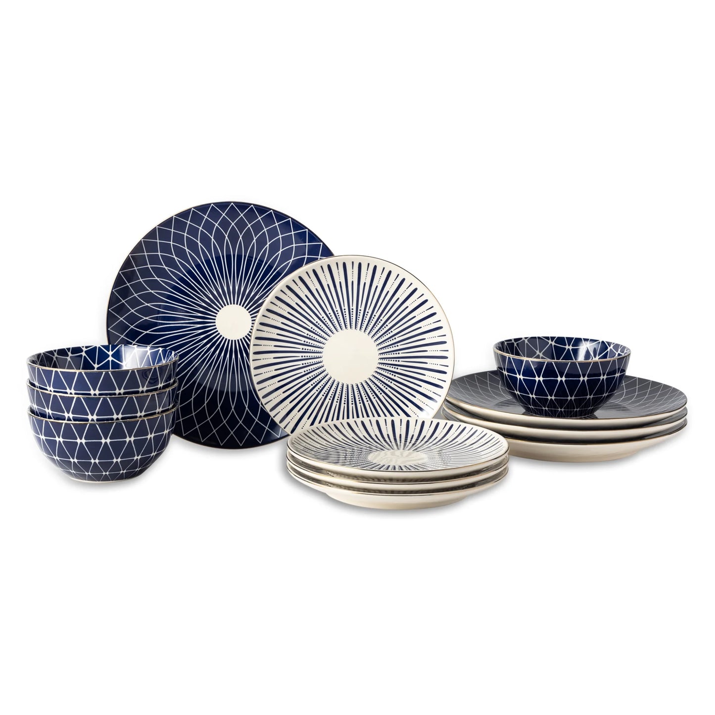 Blue and White Calypso 12-Piece Ceramic Dinnerware Set