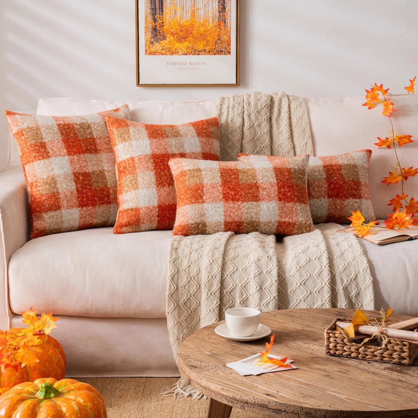 Orange Plaid Fall Throw Pillow Covers Set of 2, Boucle Decorative Pillow Covers,Cozy Fluffy Home Living Room Farmhouse Decor for Sofa Couch Bed