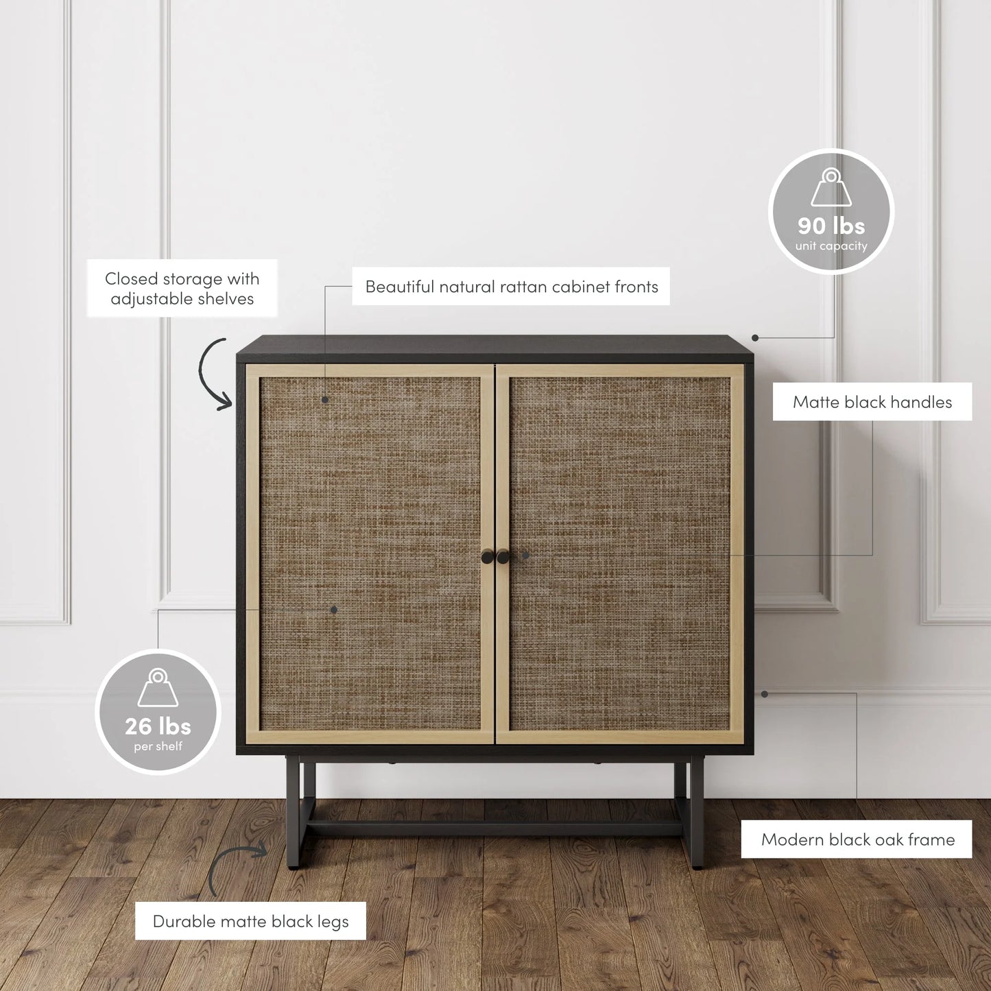 Kova Cane Rattan Doors Accent Cabinet with Black Metal Base and Adjustable Shelf