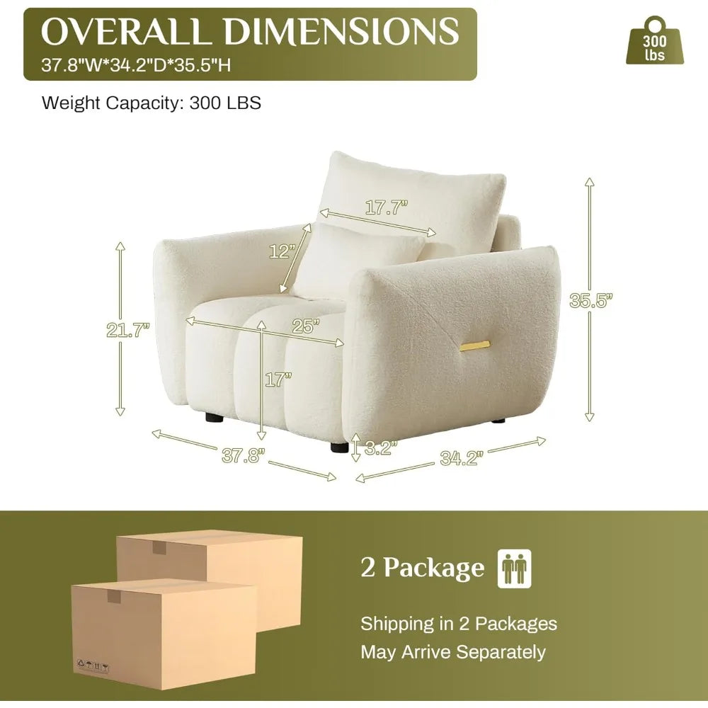 Teddy Cloud Sofa Couch, Modern Deep Seat Boucle Single Sofa Chair, Comfy Upholstered Sherpa Couch with Pillow, Oversized Accent