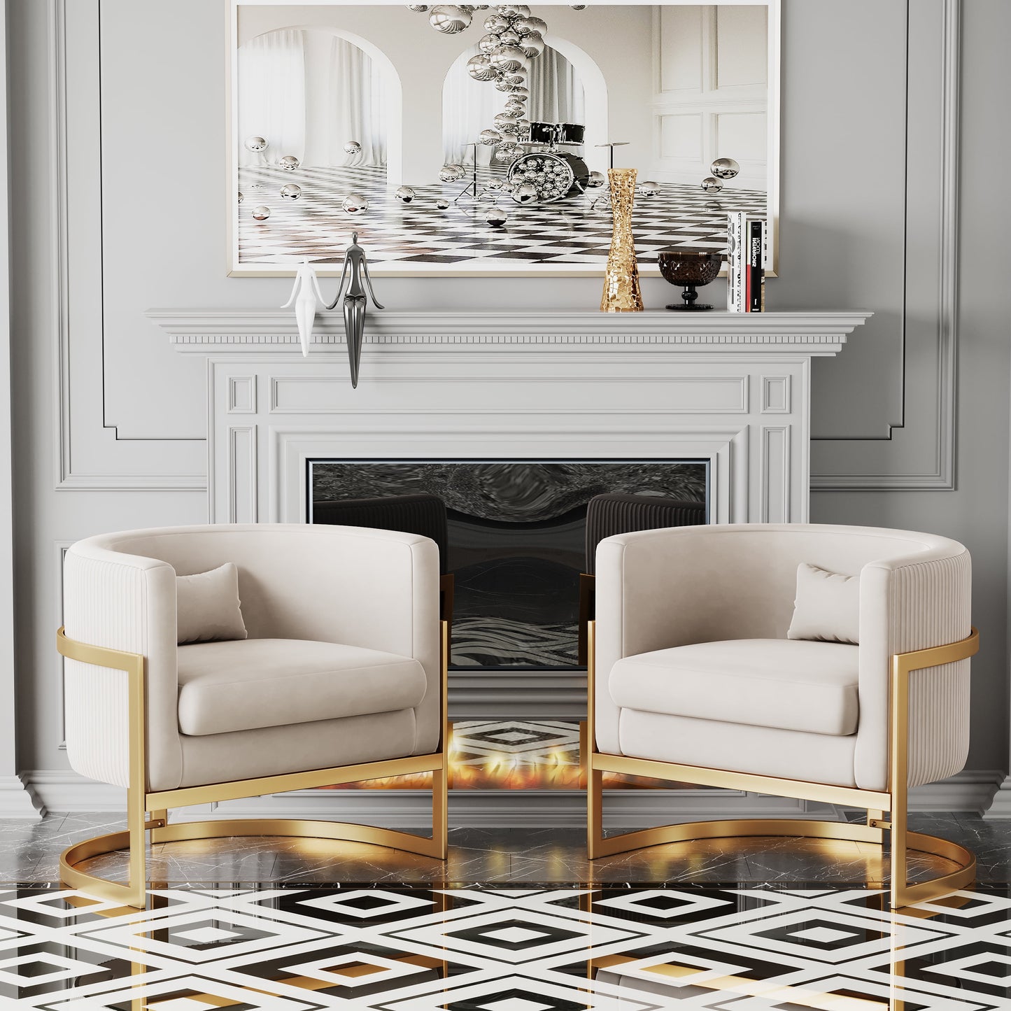 Modern Velvet Solid Print Accent Chair, Ivory